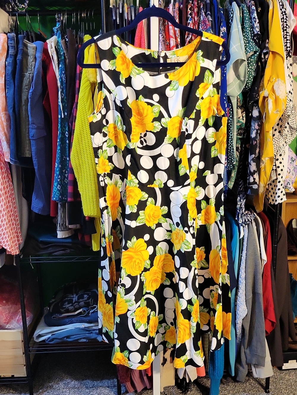 Grace Karin Black & Yellow Floral Polka Dot Midi Dress